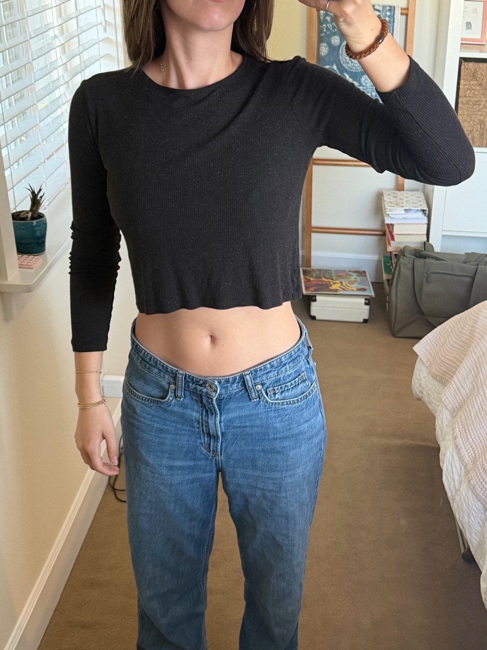 rag & bone Black Ribbed Long-Sleeve Cropped Top
